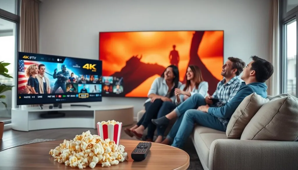 a modern living room featuring a sleek high definition television displaying vibrant 4k 1024x585